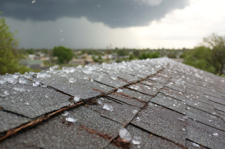 Hail Hailstones on an asphalt shingle roof suggest the need for Colorado Springs roofing restoration as a storm approaches.
