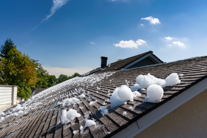 Hail Damage Repair and Insurance Claims Foam insulation balls on a sloped shingle roof during exterior home restoration in Colorado Springs, blue sky and trees behind.